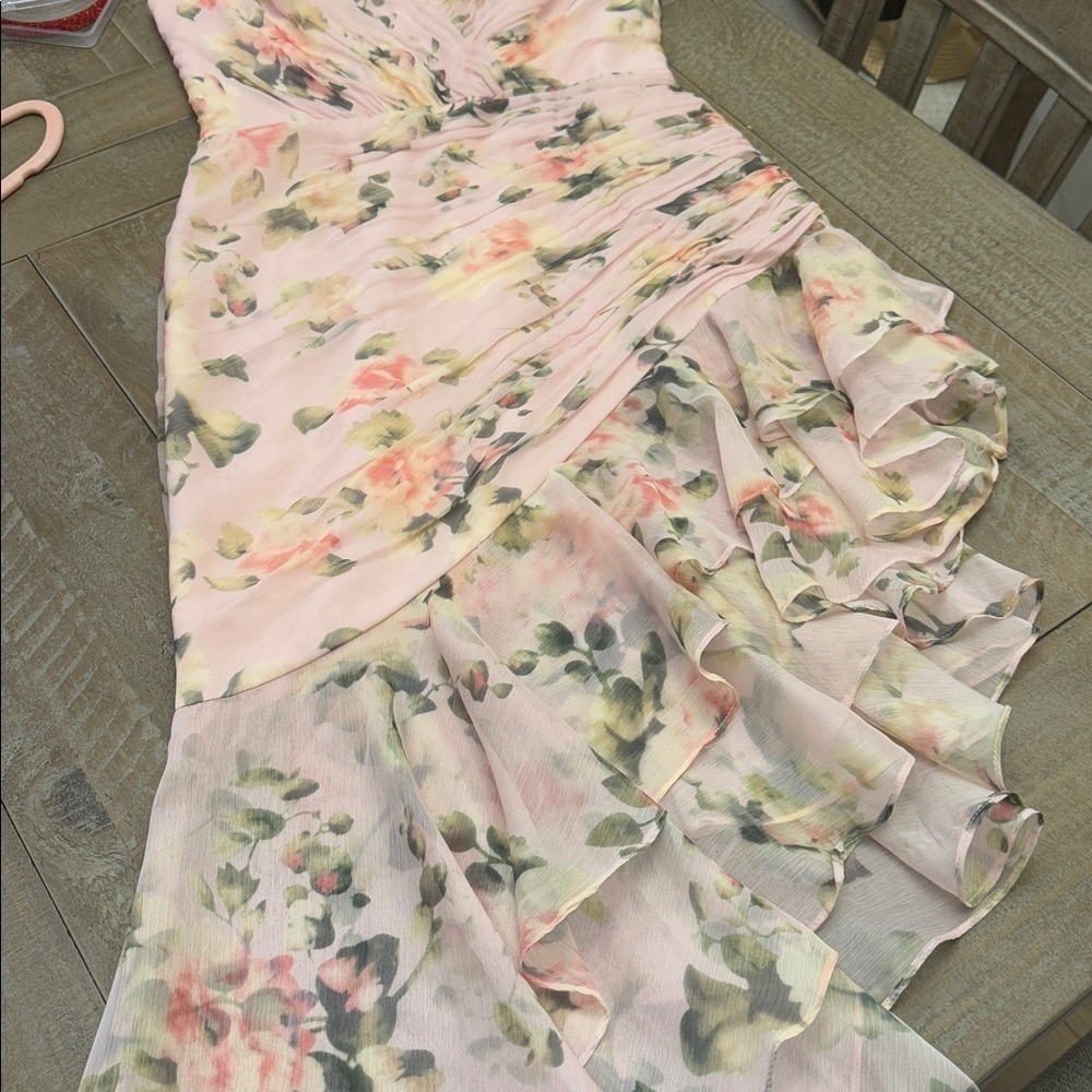 IEENA FOR MAC DUGGAL
Light Pink Floral Print Asymmetrical Ruffle Hem Dress - Picture 6 of 15